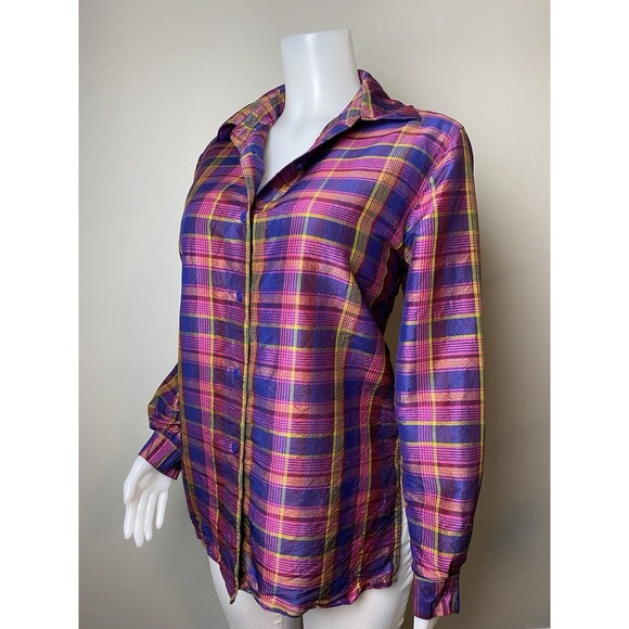 N91. Silk Lore Silk Shirt M Plaid Multicolor Blouse Long Sleeve Collared Button - Picture 3 of 8
